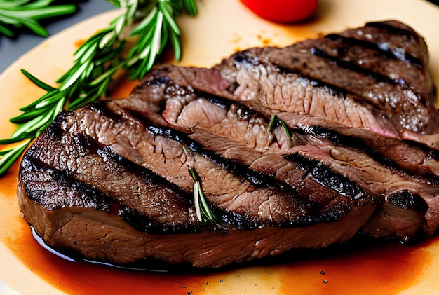 A steak with a sprig of rosemary on it