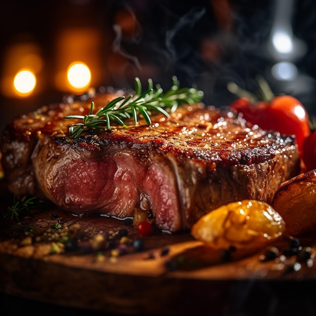 A steak with a sprig of rosemary on it