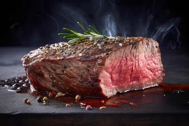 A steak with a sprig of rosemary on it