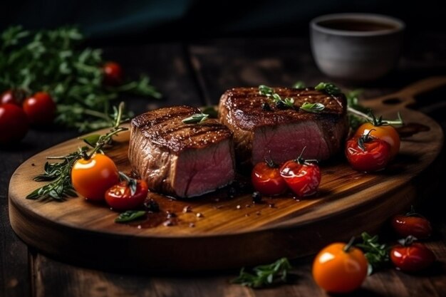 A steak with tomatoes on it and the word steak on the side