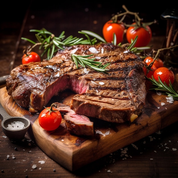 A steak with tomatoes and a small container of sauce.