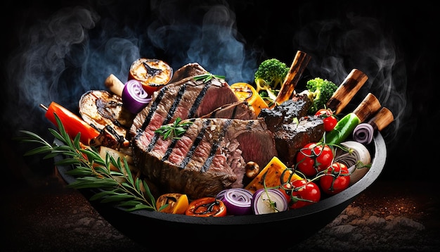 steak with vegetables is fried on coals on a black background generative ai
