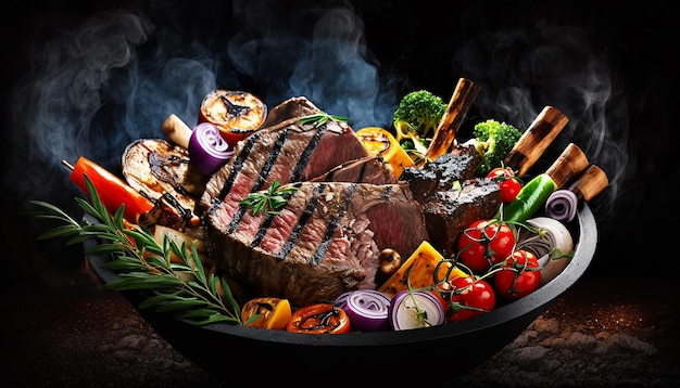 Steak with vegetables is fried on coals on a black background Generative AI