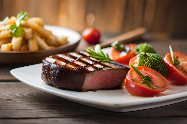 steak with vegetables and a plate of vegetables on a table