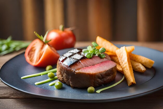 Photo a steak with vegetables and a slice of pepper on the plate