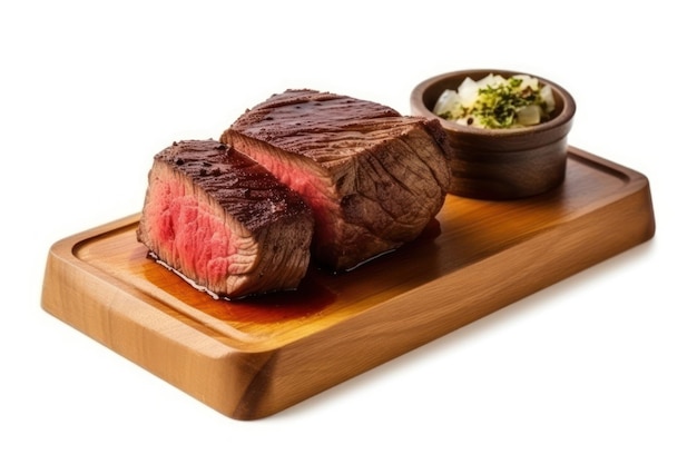 A steak on a wooden board with a bowl of garlic and a bowl of garlic.