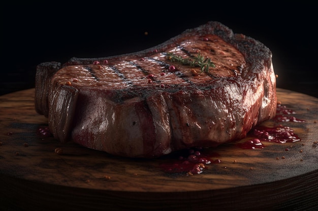 A steak on a wooden board with a knife and fork on it.