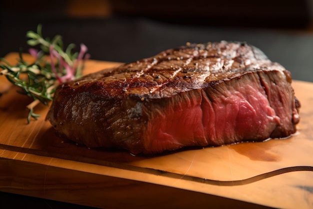 A steak on a wooden board with a salad on it