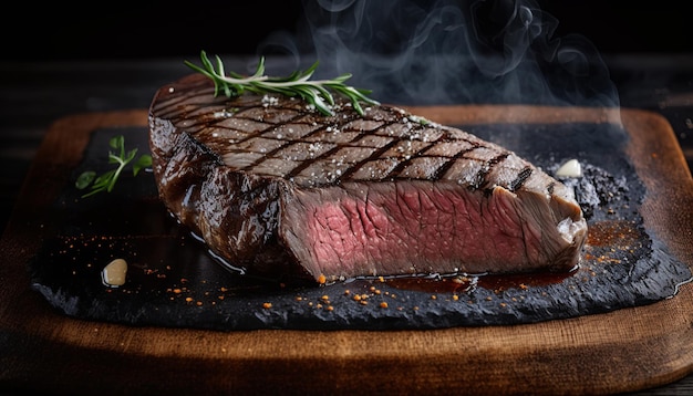 A steak on a wooden board with a sprig of rosemary on it