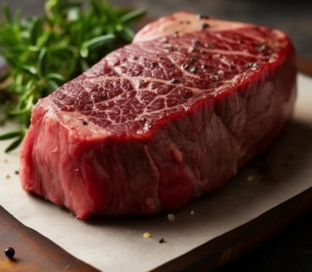 Photo a steak on a wooden board with a sprig of rosemary on it