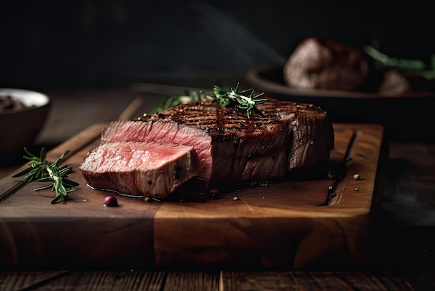 A steak on a wooden board with a sprig of rosemary on it