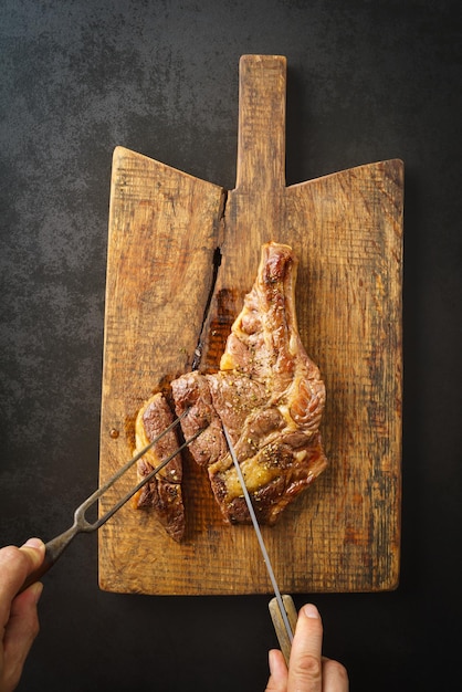 Steak on wooden board