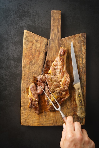 Steak on wooden board