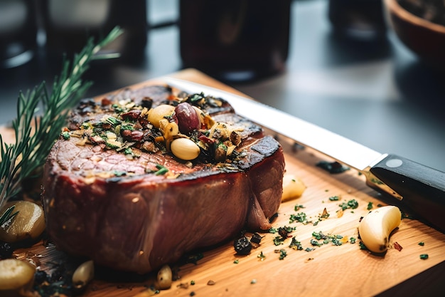 A steak on a wooden cutting board with a knife and fork.