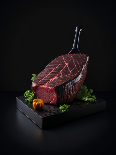 Steak on a wooden table black background