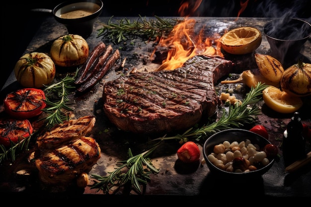 Steaks are cooked on a grill with a fire in the background.