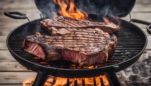 steaks cooking on a fire with a fire in the background