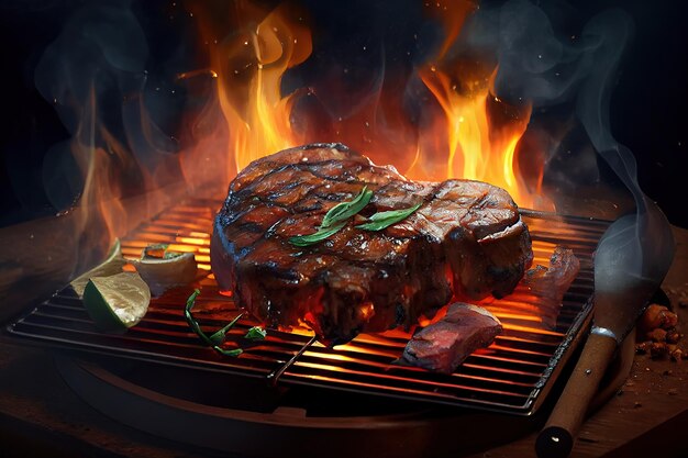 Steaks cooking over flaming grill Generative Ai