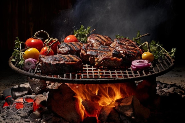 Steaks cooking on a grill with a fire