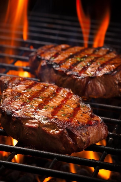 steaks cooking on a grill with flames in the background