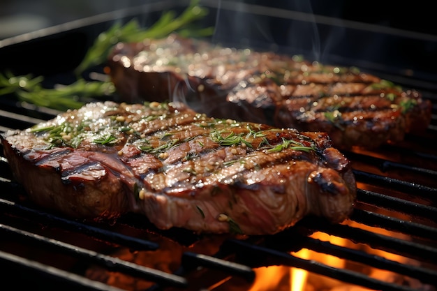 Steaks geborsteld met olijfolie en gehakte knoflook sissen op de grill