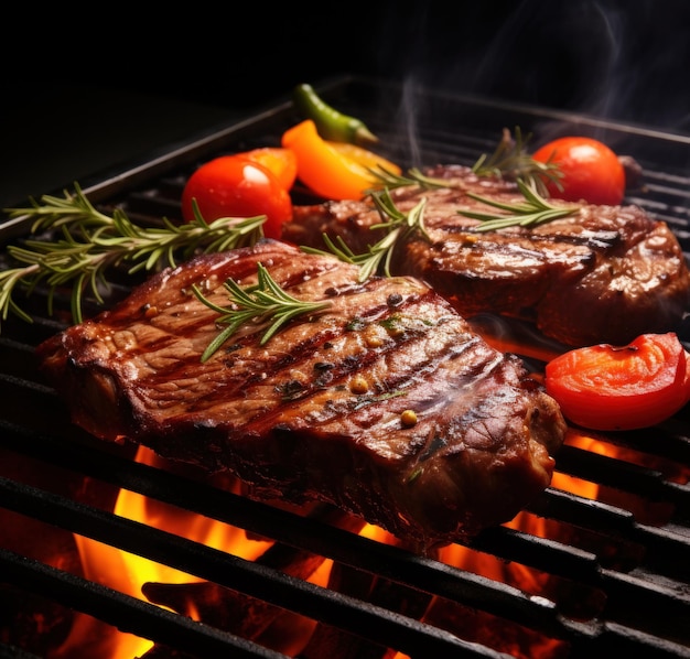 steaks on the grill grill with vegetables