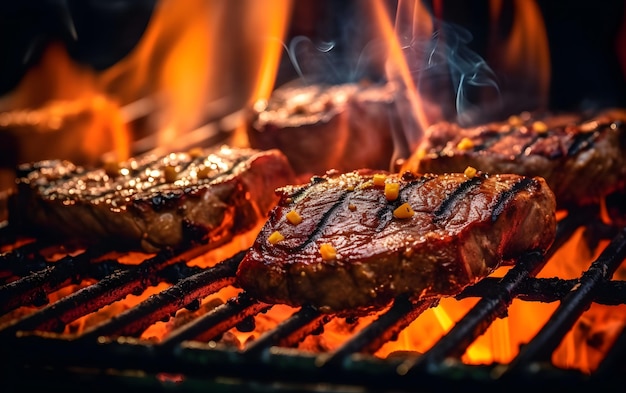 Steaks on a grill with flames and flames