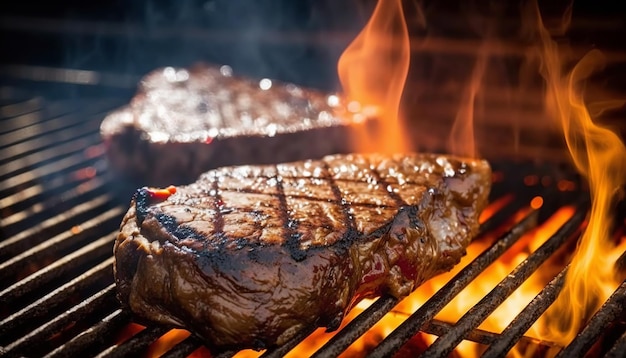 Steaks on a grill with flames