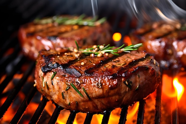 Steaks on a grill with smoke coming out of them