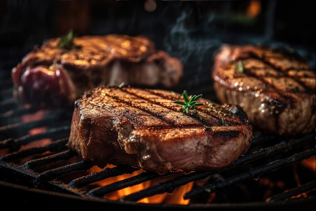 Steaks on a grill with the word steak on it