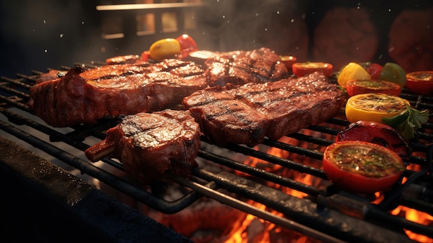 steaks koken op een grill met een vuur op de achtergrond