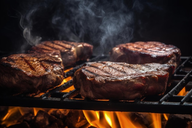 Steaks koken op een grill met vlammen op de achtergrond generatieve AI