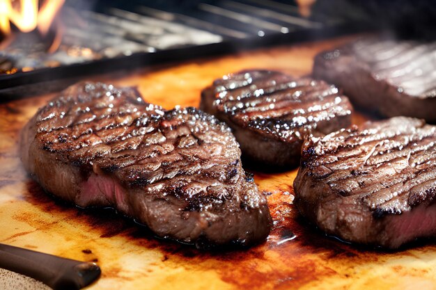 Steaks op een grill, het woord steak is op de grill