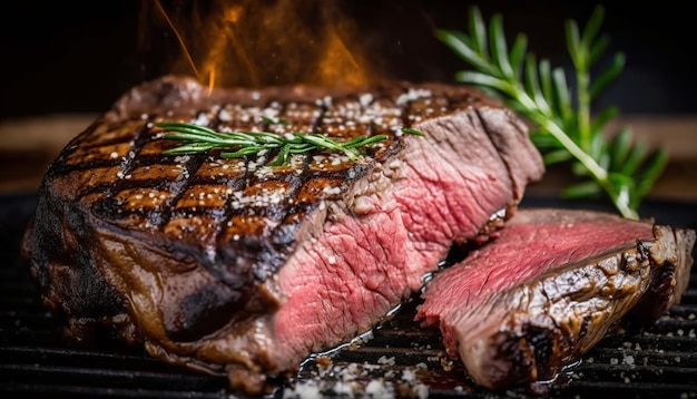 Steaks op een grill met een takje rozemarijn op de grill