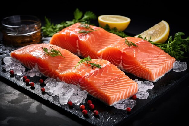 Steaks of raw salmonon ice on a blue slate