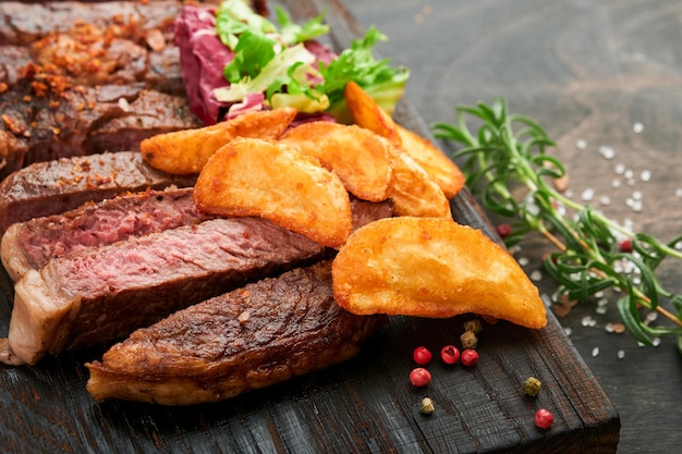 Steaks Sliced grilled meat steak New York Ribeye or Chuck roll with with garnished with salad and french fries on black marble board on old wooden background Top view Mock up