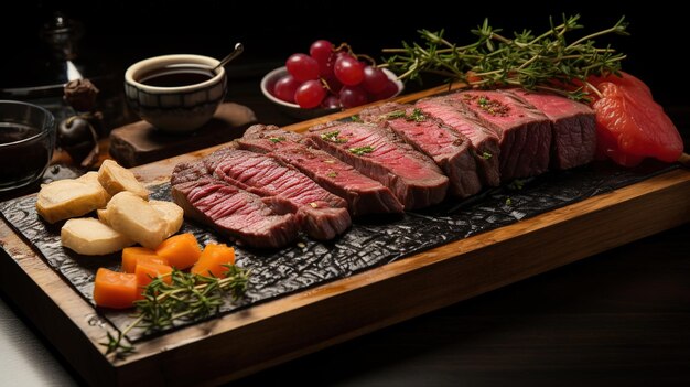 Steaks Sliced grilled meat steak with spices rosemary and pepper on black marble board