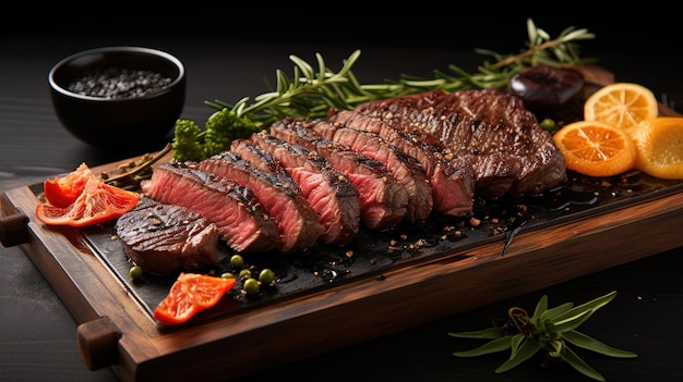 스테이크 개진 그릴 된 고기 스테이크는 향신료 로즈마리 및 고추와 함께 검은 대리석 보드에