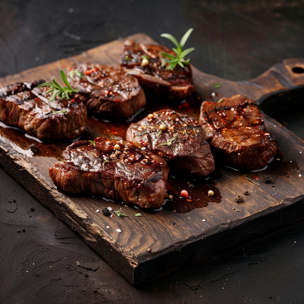 Steaks staan op een snijplank met kruiden en specerijen.