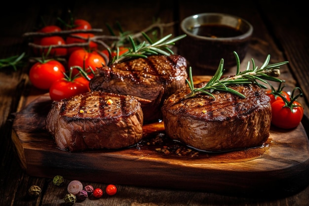 Steaks on a wooden board with tomatoes and herbs