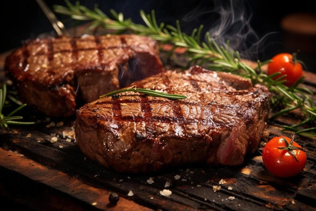 Steaks on a wooden table with smoke coming out of the top