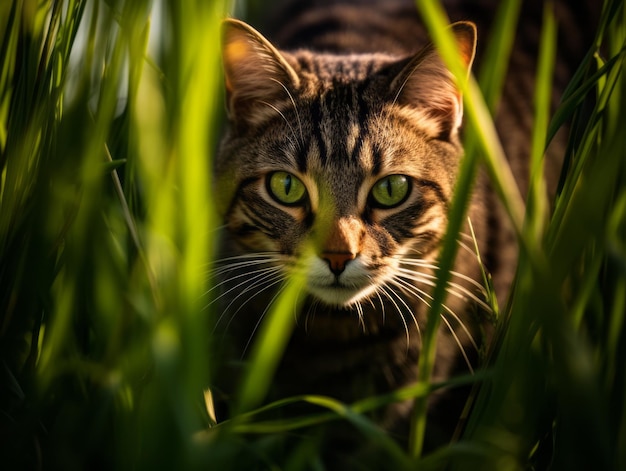 Foto gatto furtivo che insegue con gli occhi fissi sulla preda