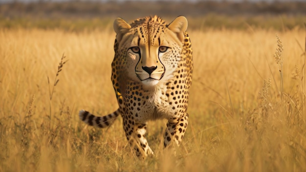 Крадущийся гепард, бродящий по лугам саванны, смотрит на свою ничего не подозревающую добычу.