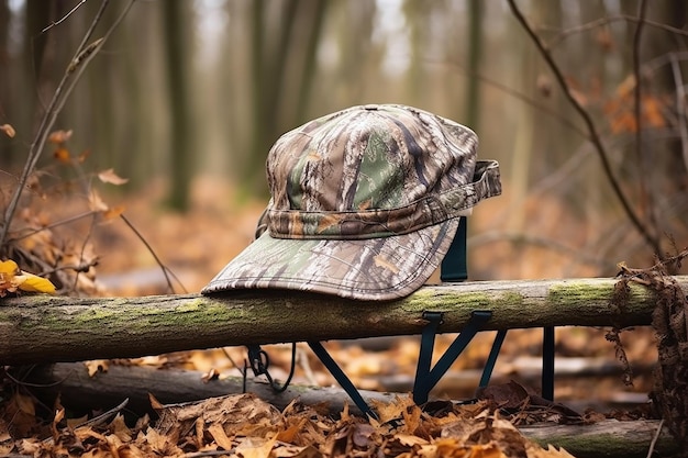 Photo stealthy hunter's camouflaged hat on wooden perch