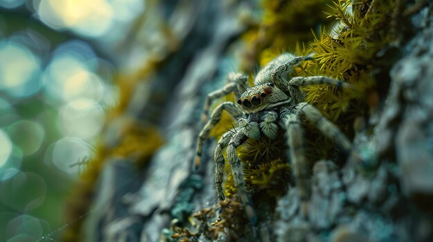 나무 질 에 있는 모스 사이 에 숨어 있는 미묘 한 점프 하는 거미