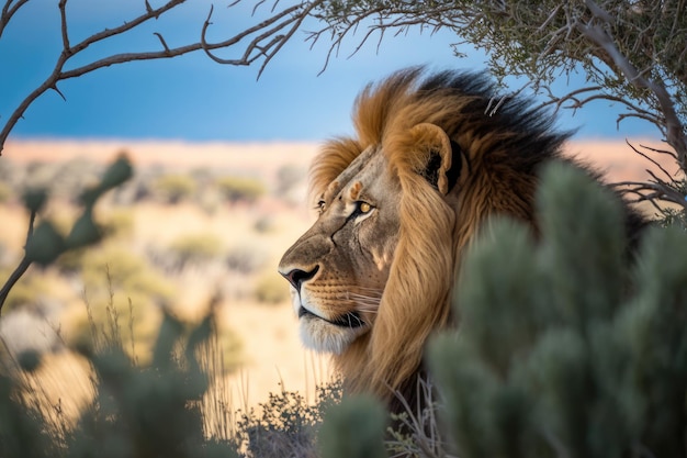 Stealthy Lion verstopt zich achter Bush Klaar om prooi te bespringen generatieve AI