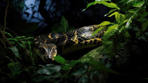 A stealthy snake gliding through the undergrowth of a nighttime jungle
