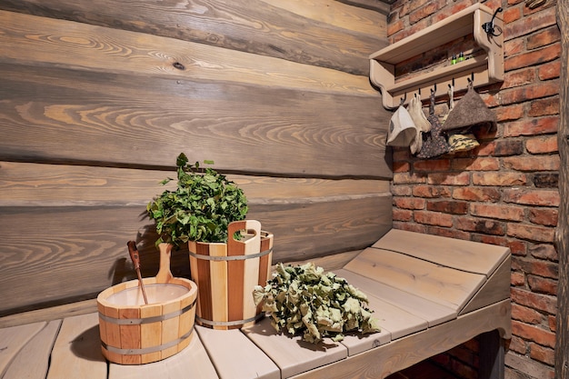 Steam bath room stuff, closeup, interior of wooden russian sauna