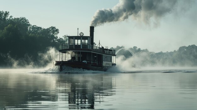 Steam Boat Floating on Body of Water