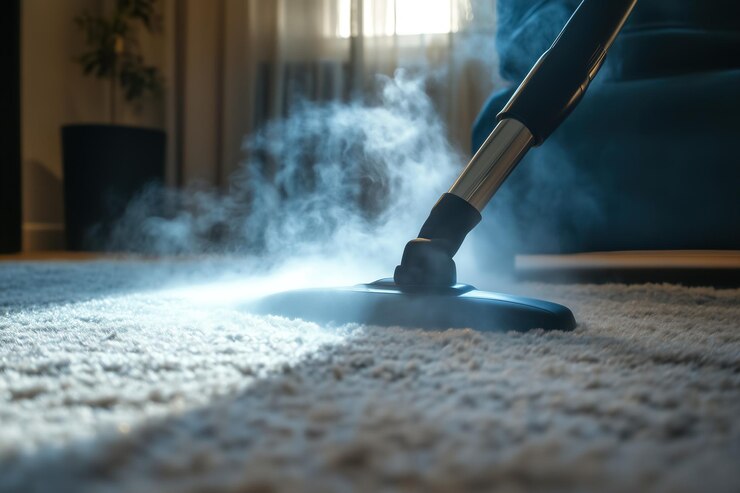 Steam cleaning carpet in a cozy living room to remove dirt and allergens while enhancing the homes cleanliness and comfort Generative AI